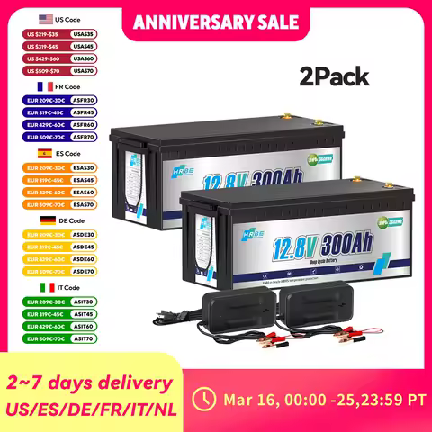 HRBEEnergy 2-Pack 12V 300Ah LiFePO4 Lithium Battery with Built-in BMS 6000+ Cycles,for Solar,RV,Camping,Off-Grid Power Systems
