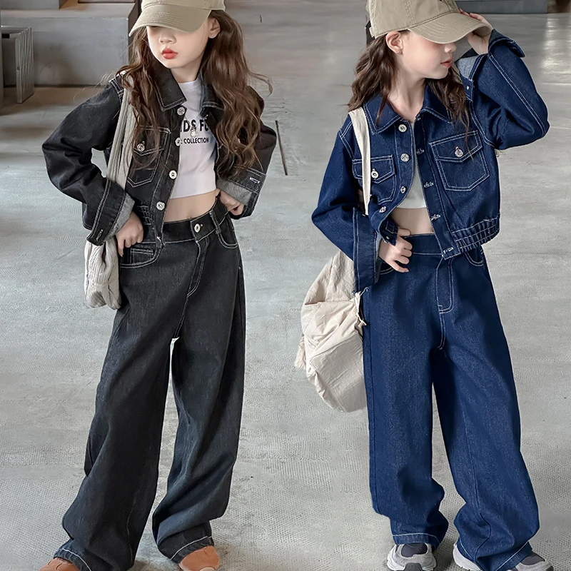 spring Child denim clothes suit jacket+Cowboy wide leg pants 2pcs teen girls clothing sets kid outfits ensemble jeans fille 4-14