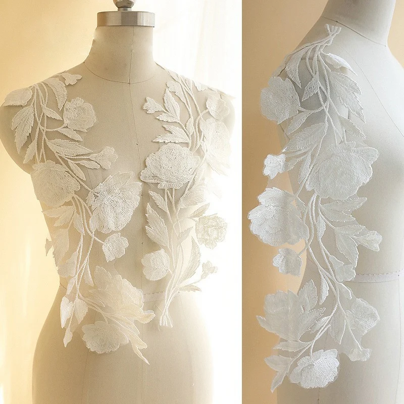 1 Pair White Rose Flower Embroidery Patch Fabric DIY Wedding Dress Curtain Accessories Sewing Repair