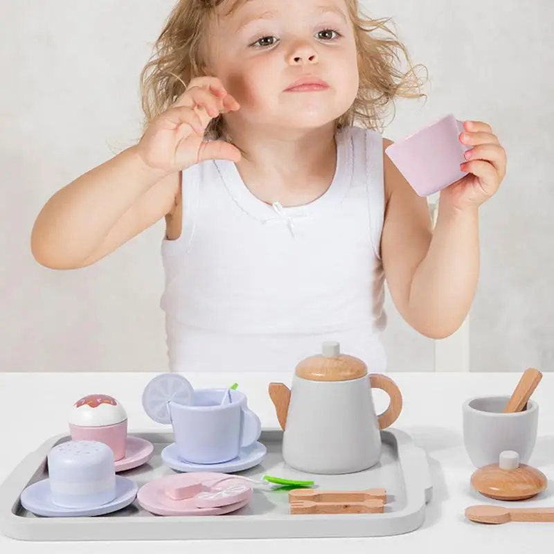 Houten theeservies voor kleine meisjes Keuken Fantasiespel Speelgoedaccessoires Voedselspeelset voor kinderen Theekransje Peuters Meisjes Jongens Kinderen G