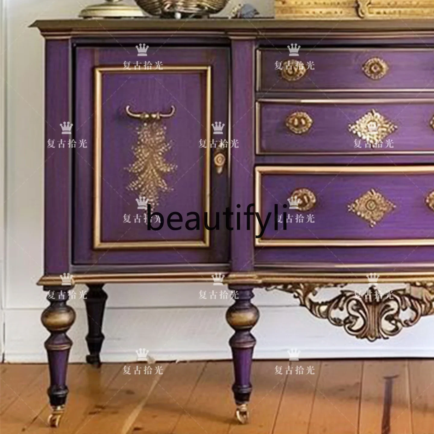 

J185 Vintage French retro solid wood carving flower porch purple decoration living room storage cabinet
