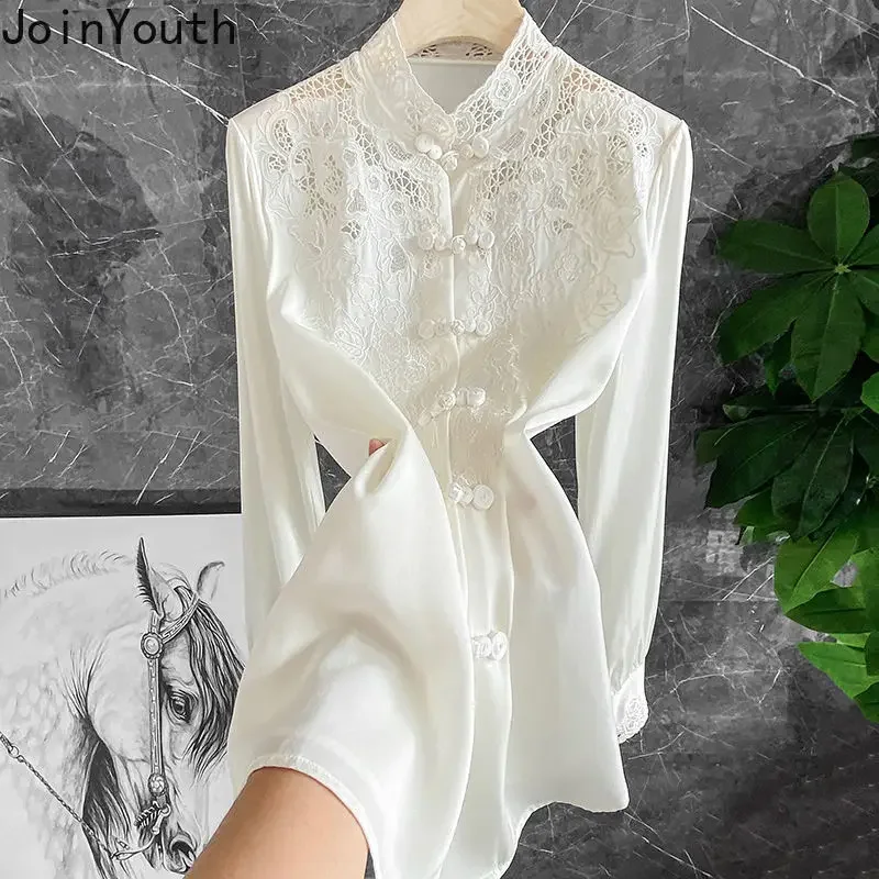 Temperament Blouse Women Chinese Lace Embroidery Shirts Chic Hollow Out Vintage Long Sleeve Blouses Tops White Blusas De Mujer