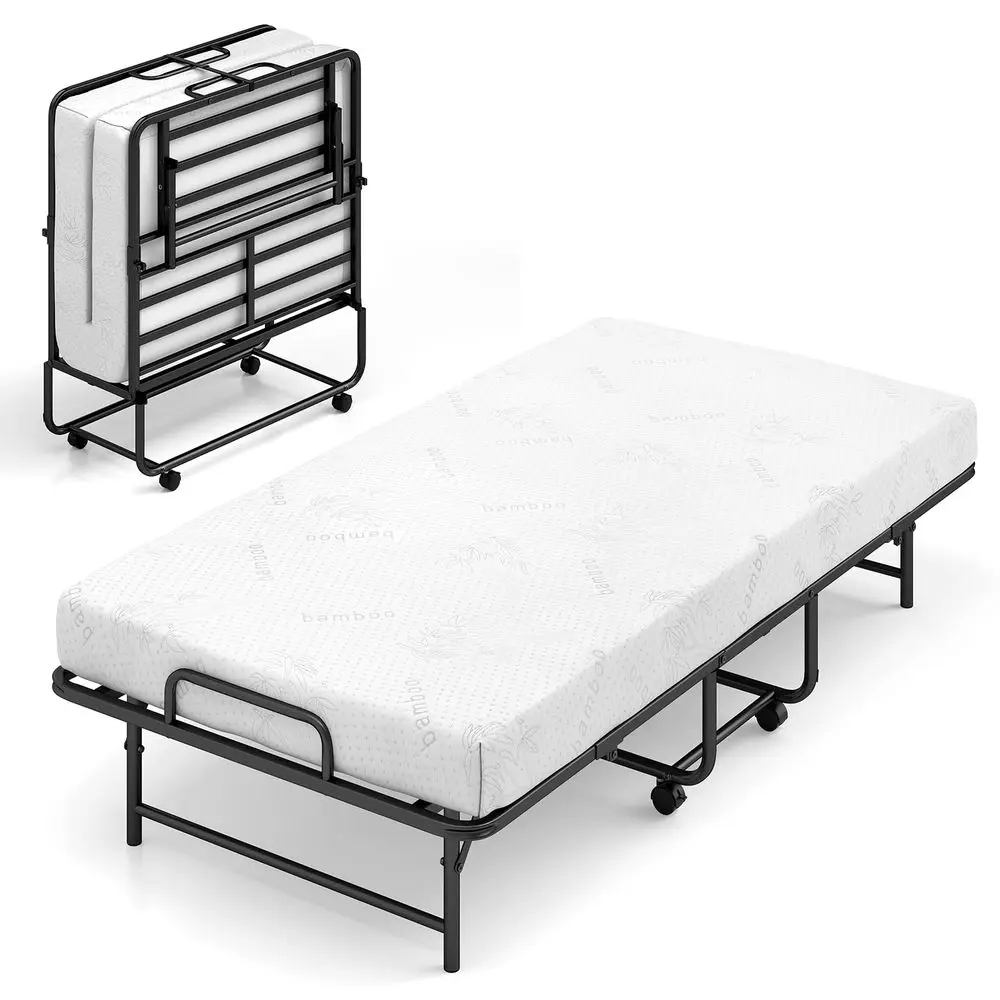 Twin Folding Bed Frame with 5 Inch Mattress, 75 x 38 Portable Rollaway Guest Bed w Memory Foam Mattress amp Metal Frame, Space