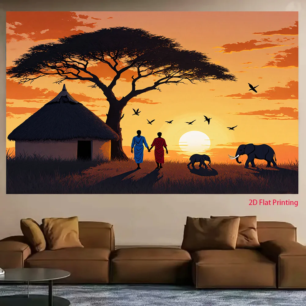 African Sunset Silhouette Acacia Tree Hut Elephant Couple Tapestry 2D Flat Printing Wall Hanging Backdrop for Living Room Decor