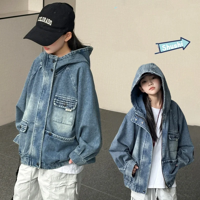 

Kids Jacket Spring Autumn Coat Ages 4-14Y Baby Girl Vintage Hooded Denim Coat Tween Classical Outwear Child Korean Style Jacket