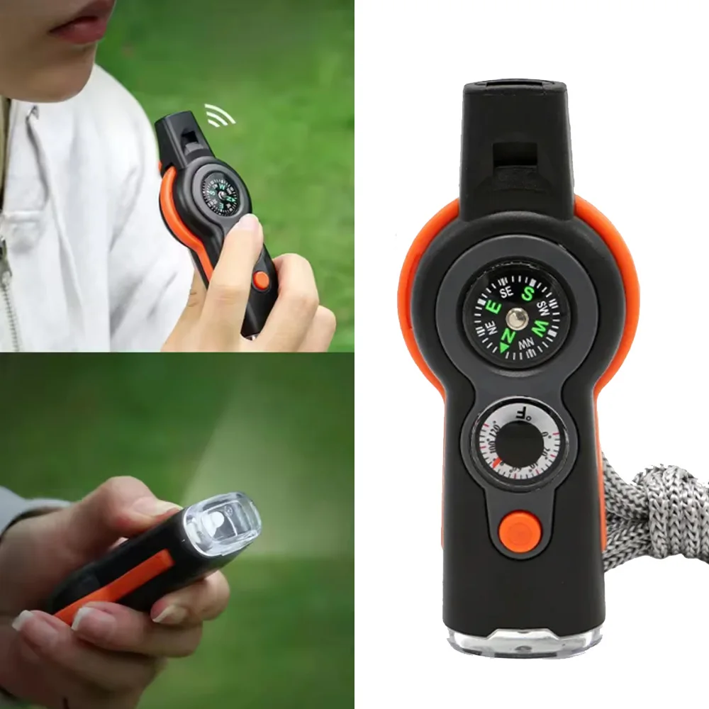 

Multifunction Safety Whistle 7 in 1 LED Light Thermometer Compass Outdoor Survival Emergency Whistle Adventure Equipment