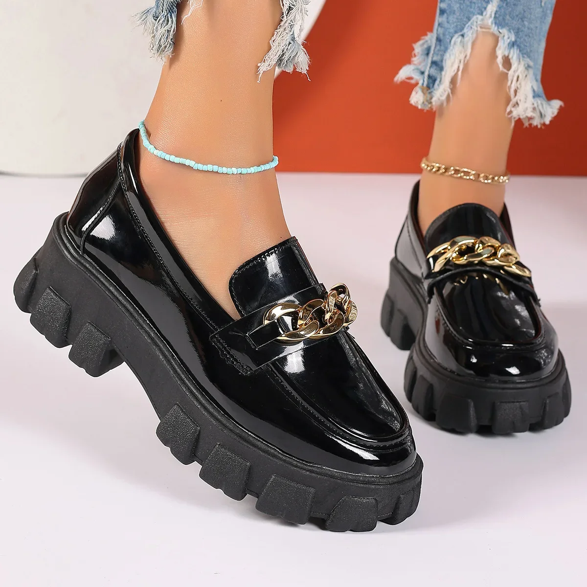 

Leather Shoes British Style Female Metal Chain Thick Bottom Footwear New Retro Comfortable Non-slip Lightweight Slip on Loafers