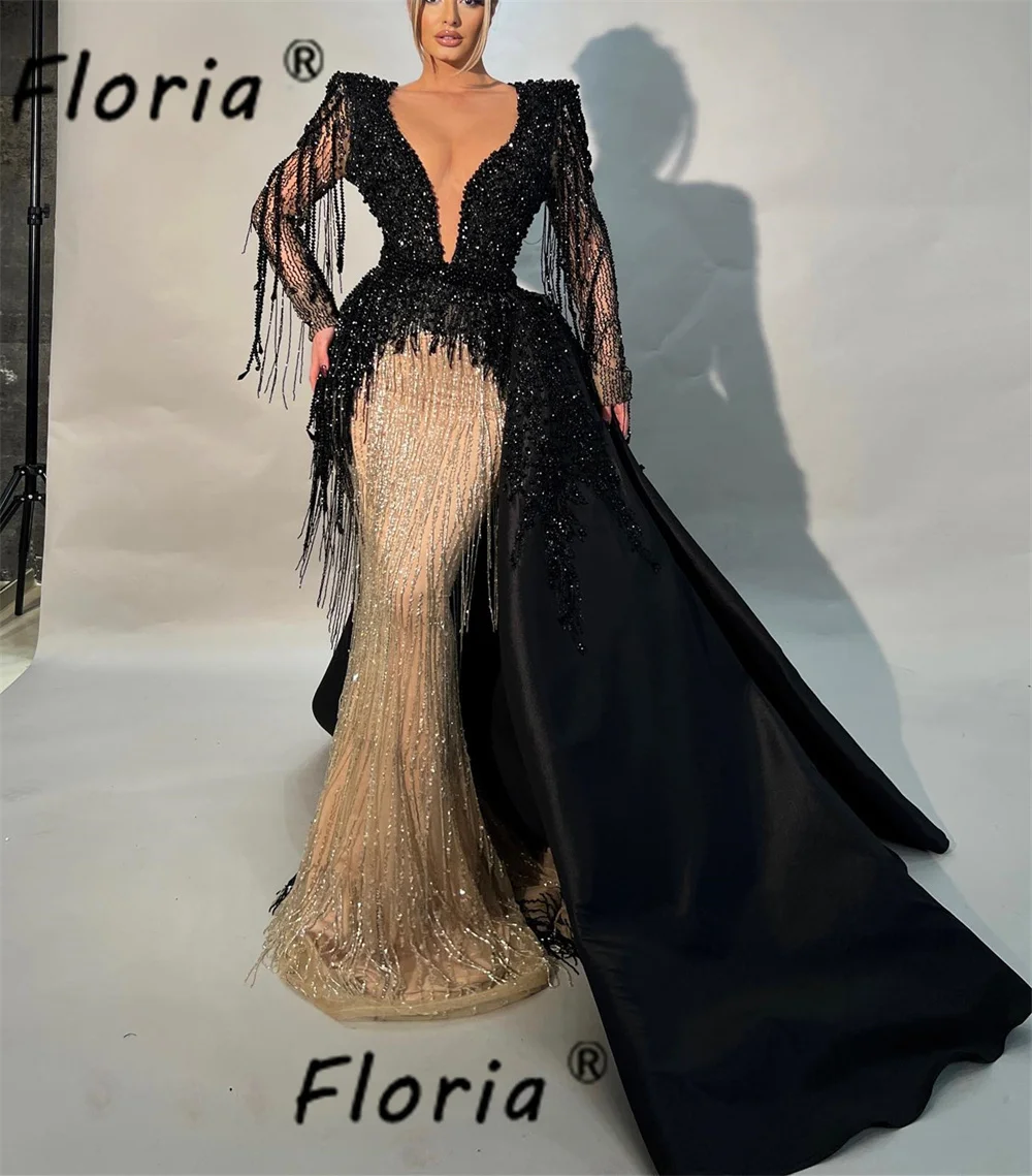 

Роскошные вечерние платья русалки из бисера с длинными кисточками, черным топом и золотым контрастным вечерним платьем Vestido de Noche по индивидуальному заказу
