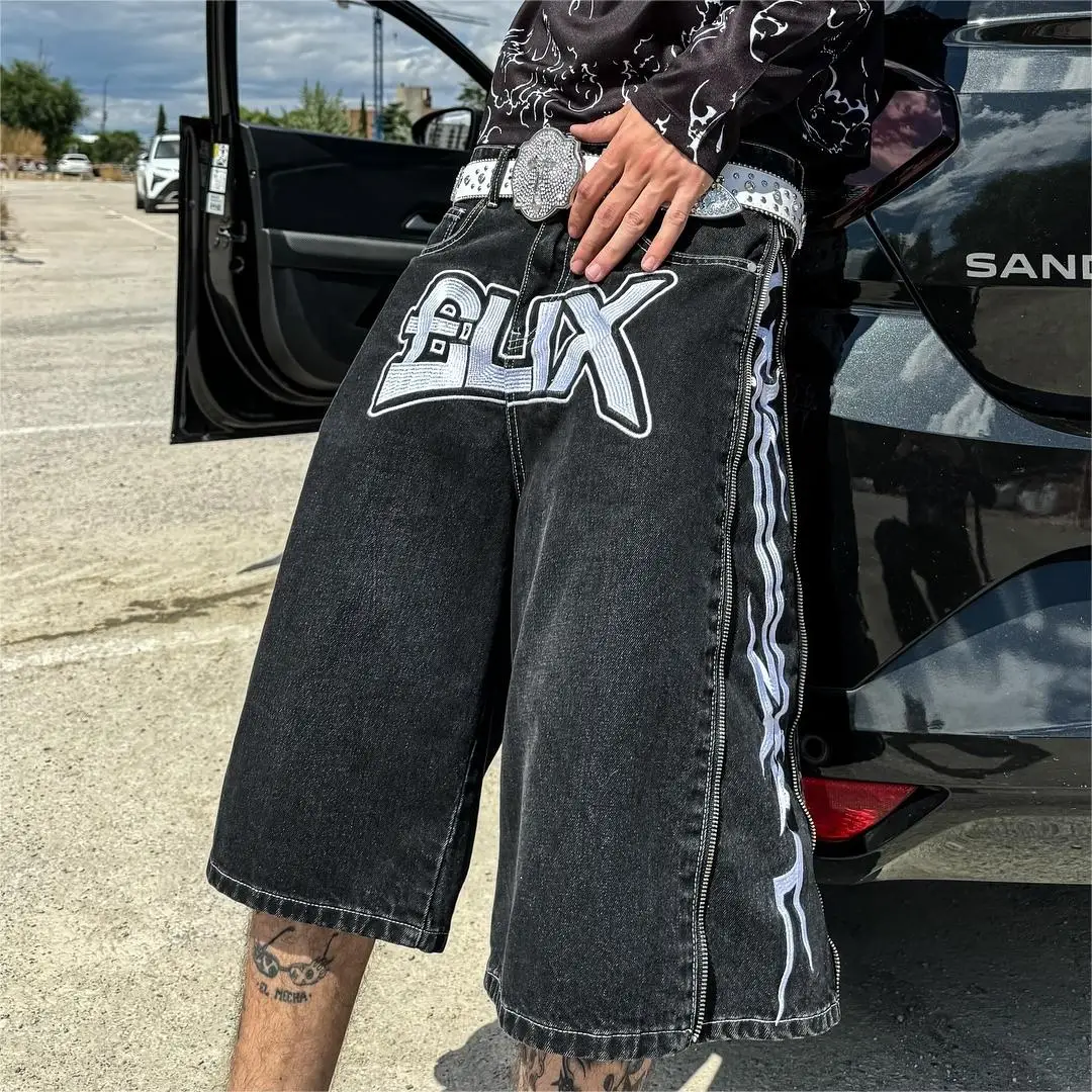 Vintage Washed Distressed Hip Hop Letter Denim Shorts Personality Zip Up Gothic Rock Baggy Gym Shorts Couple Summer Short