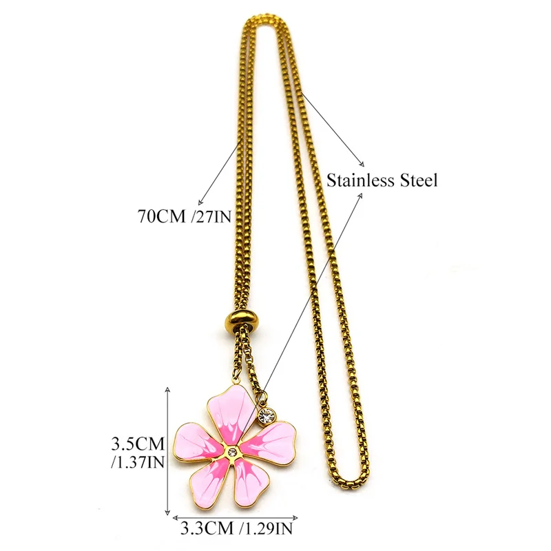 Sweet Pink Flower Pendant Long Chain Necklace for Women Enamel Stainless Steel Gold Color Aesthetic Y2K Jewelry Gift NZZZ394-1S0 image 6