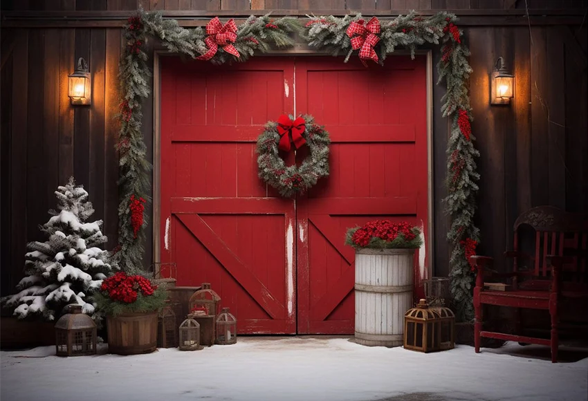 Mehofond Winter Red Barn Photography Backdrop Family Holiday Party Xmas Snow Pine Tree Giltter Wood Door Decor Photo Background image 5