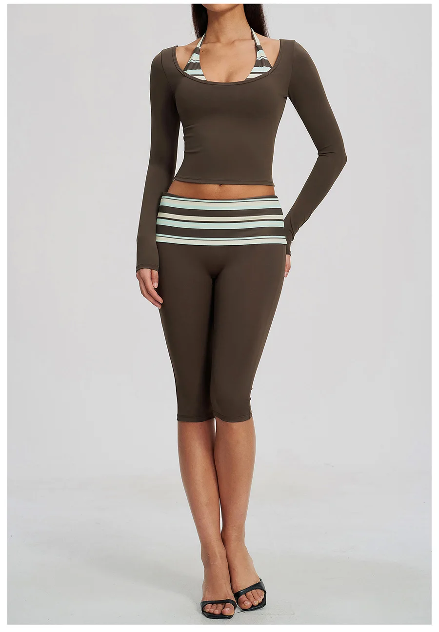 2-teiliges Yoga-Set, Damen-Trainingsanzug, modisches, gestreiftes Workout-Set, Gym-Shorts, Outfit, hochtailliert, Po-Lifting, lange Ärmel, Yoga-Kleidung – Detail 18