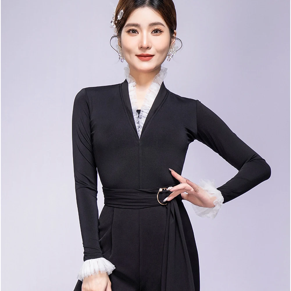 بدلة رقص لاتينية لممارسة الرقص على الطراز الجديد للسيدات بدلة رقص تشا تشا برقبة على شكل حرف v بقصة ضيقة وأكمام طويلة أداء سامبا