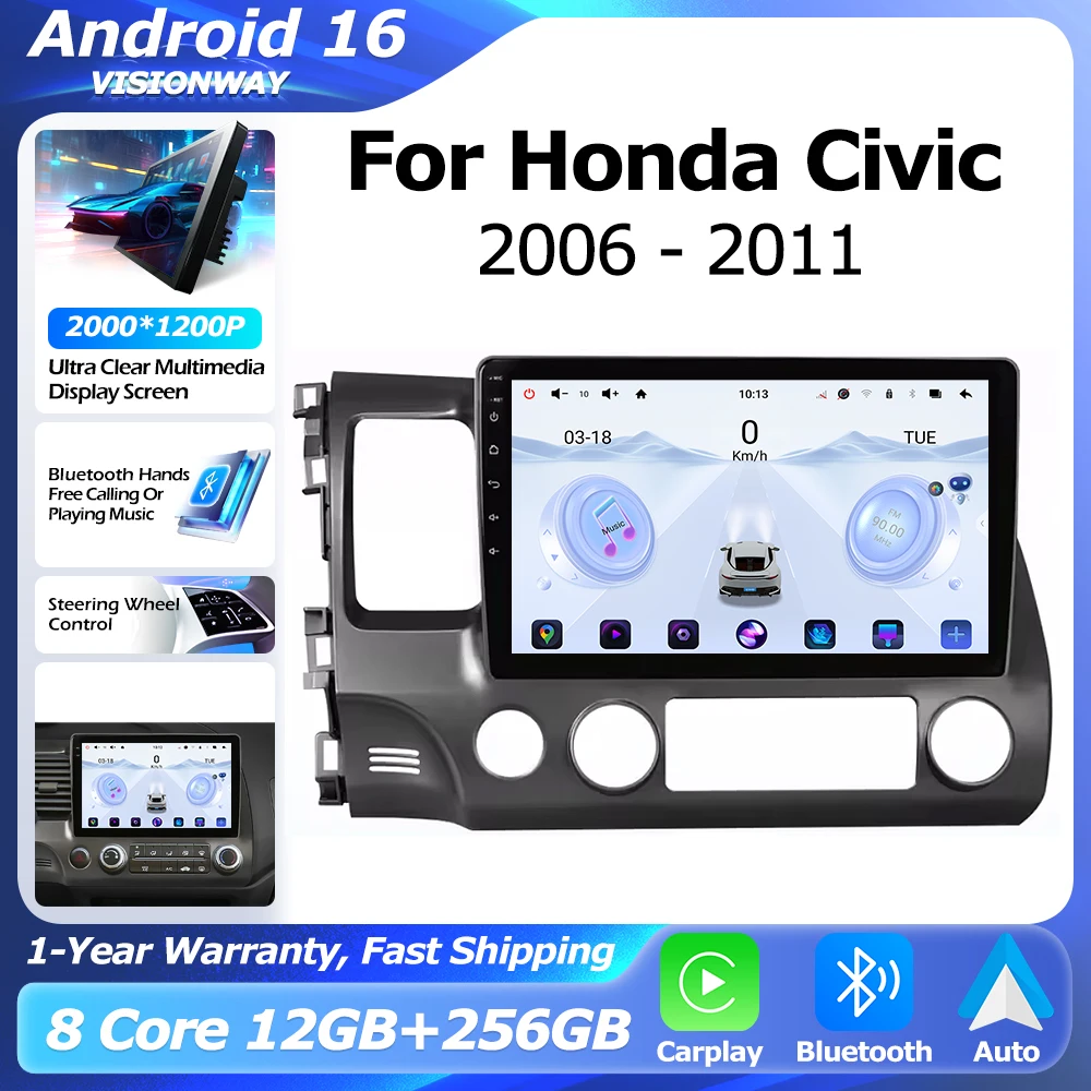 Android 16 Bluetooth For Honda Civic 2006-2011 Car Radio Lntelligent Multimedia Player Auto Wireless CarPlay WIFI 4G DSP GPS