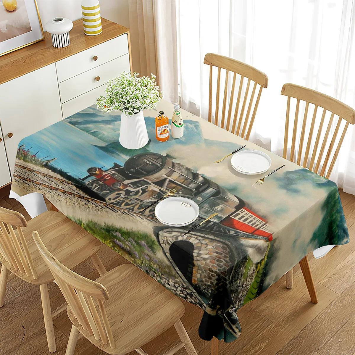 Train Rectangle Tablecloth Steam Locomotive Transport Railroad Railway Polyester for Indoor Outdoor Picnic Party Dinner Table