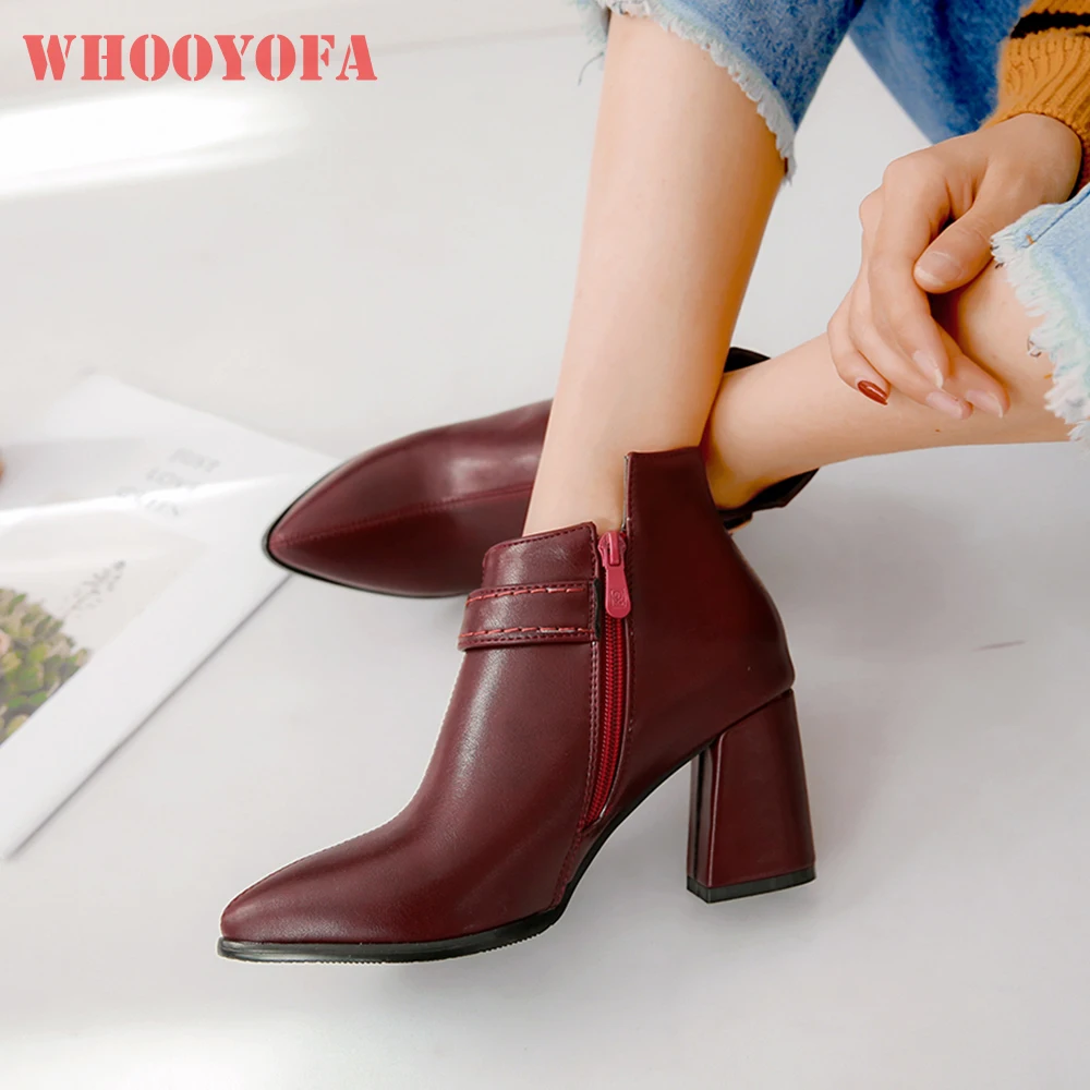 

New Winter Comfortable Wine Red Beige Women Ankle Boots 3 inch High Square Heels Lady Shoes Plus Small Big Size 12 32 43 45 47