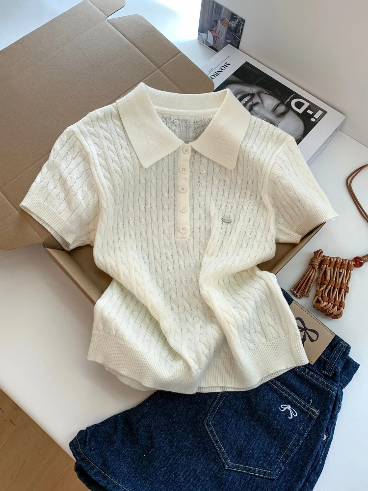

Soft Short Sleeve Neck Knitted Sweater Women's Summer New Style Commute Straight Tube Soft Youthful Top Self-Preservation