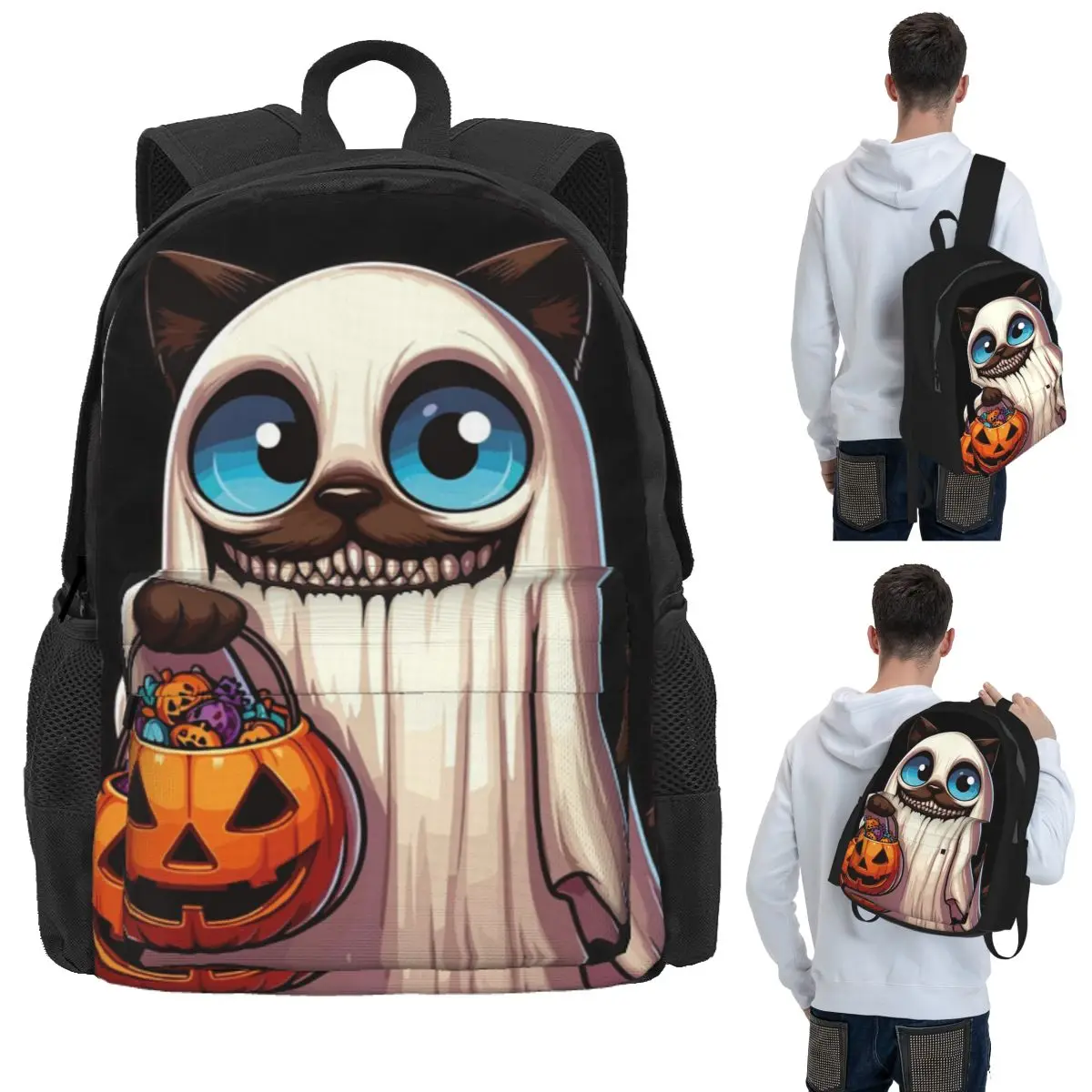 Siamese Cat Scary Halloween Ghost Spooky Pumpkin Candy Student Backpack School Bag Hiking Travel Daypack Bookbag Shoulder Bags