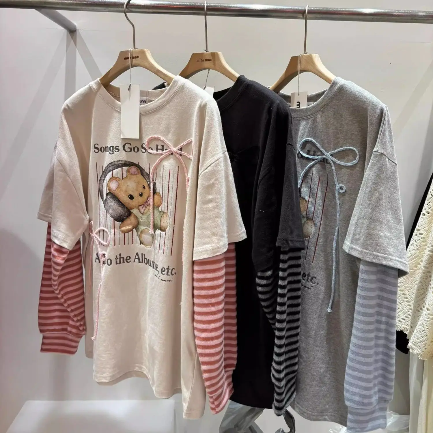 

Retro American Bear Stripe Sleeve Long Sleeve Loose Women's T-shirt Spring Summer New Style Casual Comfortable Loose Top