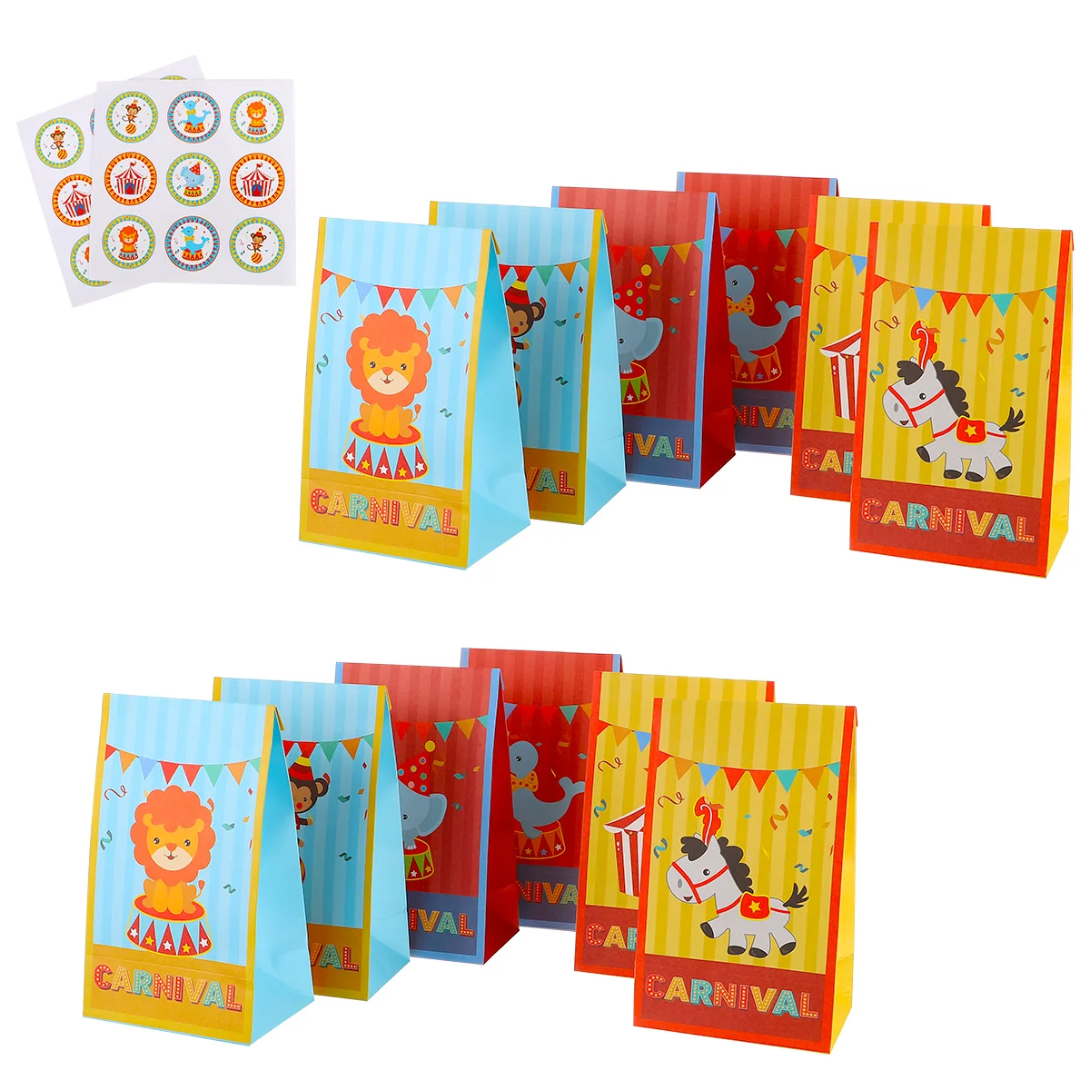 1 Set Gift Paper Bag Candy Tote Bag Circus Themed Bag (12 Bags+18 Stickers)