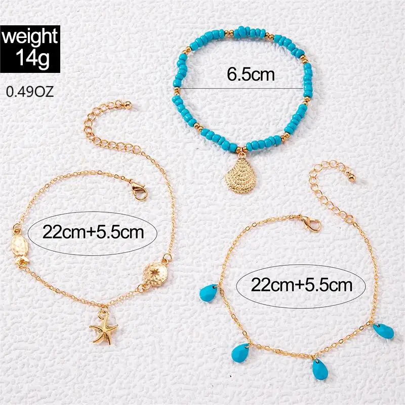 Tocona Bohemia Gold Colour Shell Pendant Anklet Set for Women Girl Sea Star Blue beads Multilayer Foot Chain Jewelry 24968