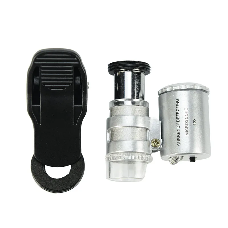 Microscópio Celular com Clip Universal, Lupa, LED Iluminado Lupa, 60x, 2 LED e 1 UV