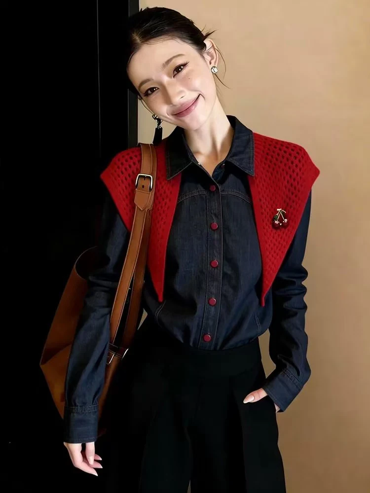 Vintage Patchwork Denim Jacket Women Spring Streetwear Splicing Shawl Jeans Tops Y2K Korean Loose Long Sleeve All Match Outwear