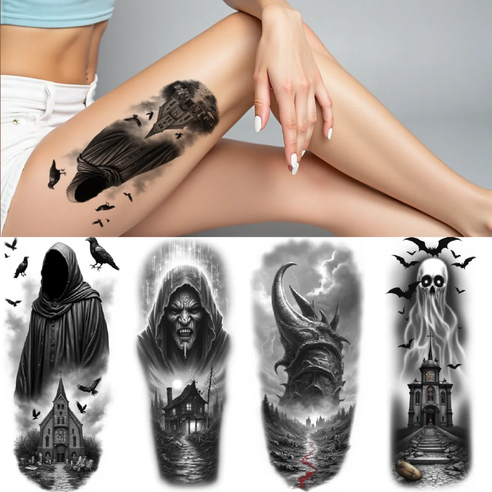 

3pcs Temporary Tattoo Black And Grey Realism Buddha Statue Ghost Dragon For Women Adults Thighs