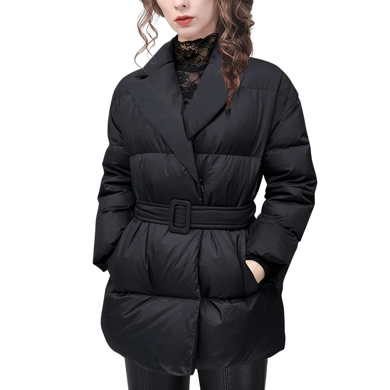 2022 Winter Warm Thicken Women\' Black Down Jacket Mid-Length Turn-down Collar Belt Design Loose Casual Bread Coat Trench Jackets