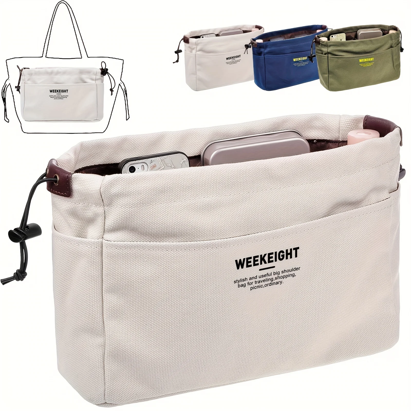 Lightweight Drawstring Canvas Storage Bag with Multi-Pockets for Easy Travel and Organization