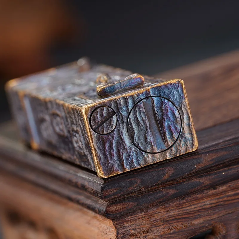 Original copper handmade carved Longmen Grottoes kerosine lighter, long and wide version portable grinding wheel lighter