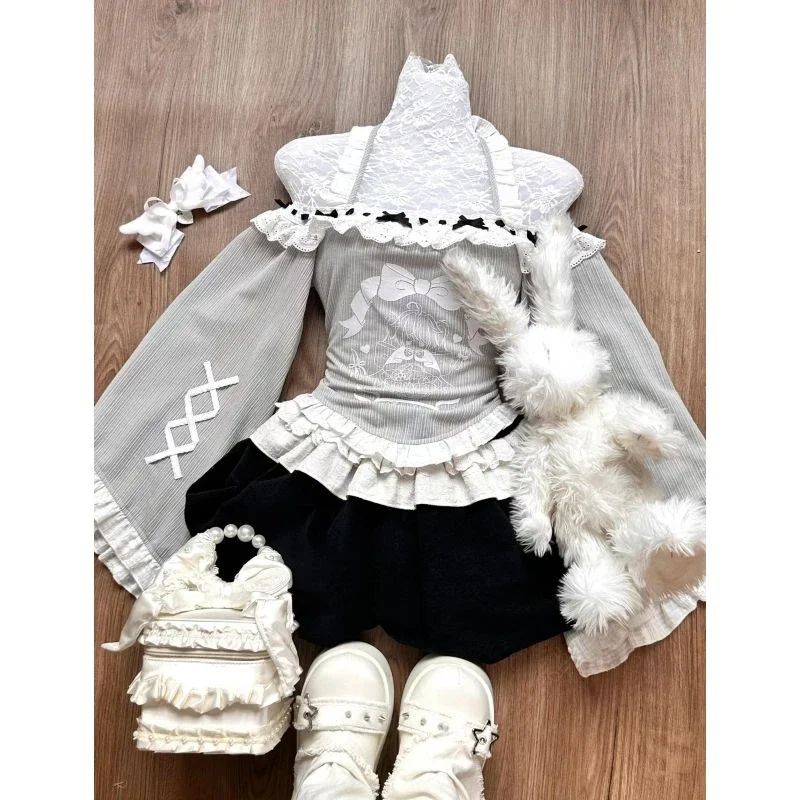 Japanese Y2k Elegant New 2 Piece Sets Women Gray Hooded Design Harajuku Mini Skirt Suit Female Bow Korea Style Chic Set 2024