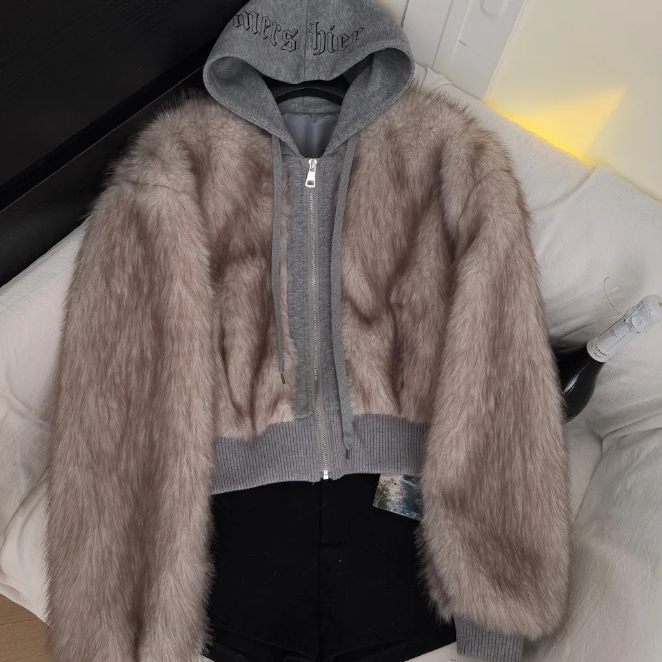 الأمريكية الرجعية تقسم وهمية الفراء مقنعين Jaet المرأة فضفاضة معطف دافئ غير رسمي ألياف البوليستر 2025 الشتاء السيدات Faion #4