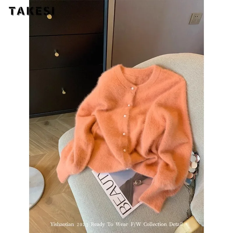 2023 Winter Casual Y2K Round Neck Knitting Solid Color Cardigans Women Sweet Single Breasted Female Loose Long Sleeve Sweater