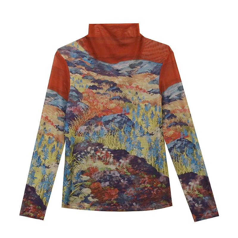 Jesienna moda damska drukowanie z długim rękawem pół zabudowany dekolt siateczkowe t-shirty kobiece pozycjonowanie kwiatowy T Shirt FF0966 — zdjęcie 2