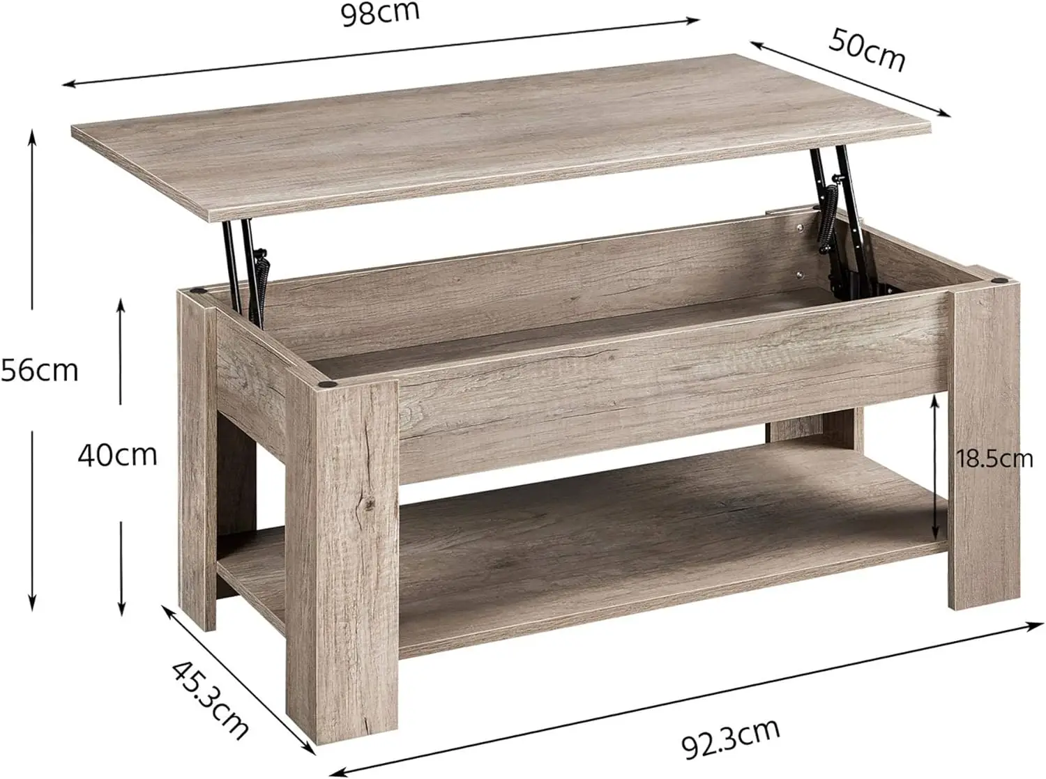 Elevated coffee table with concealed compartments and storage racks, and elevated dining table in living room reception room