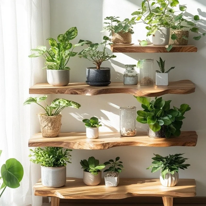 

Wabi-Sabi Solid Wood Plant Stand, Multi-Layer Narrow Handmade Floating Shelf, Rustic Display Rack for Indoor Home Plants