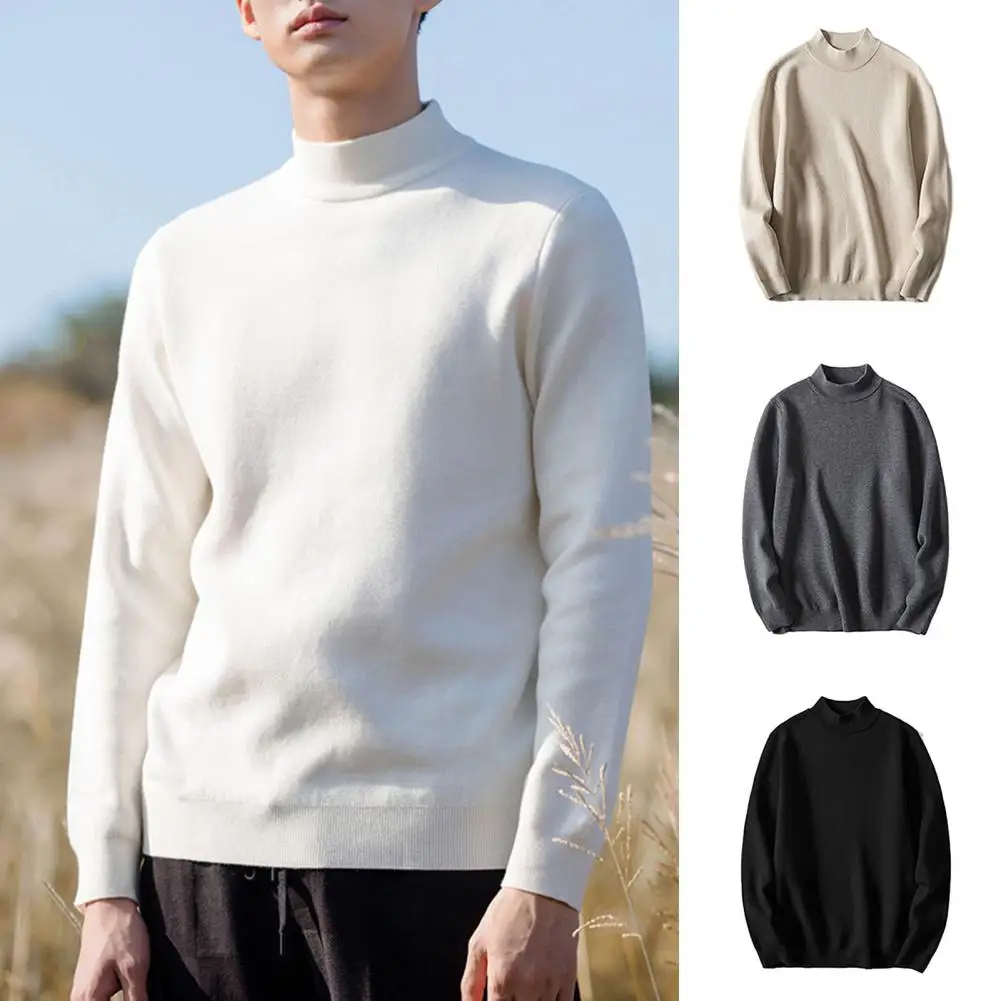 Sweater Pullover Men's Half-high Collar Knit Sweater for Fall Winter Slim Fit Solid Color Business Knitwear with Long Sleeves