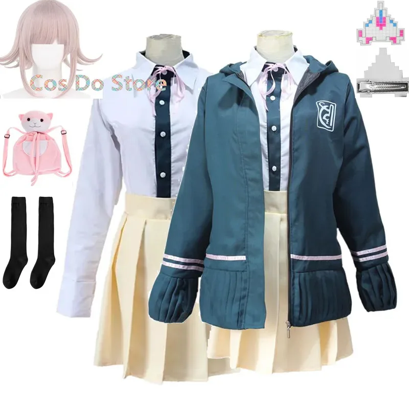 Lqanime nanami chiaki cosplay traje jaqueta de manga longa saia curta loli saia uniforme dos estudantes do ensino médio