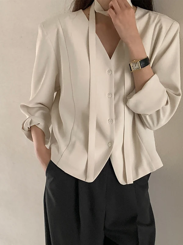 Koreaanse Sle Damespak irt V-Ne Single Button Tie Taille Ele Faionable Long Sve Office Wear Pure Color