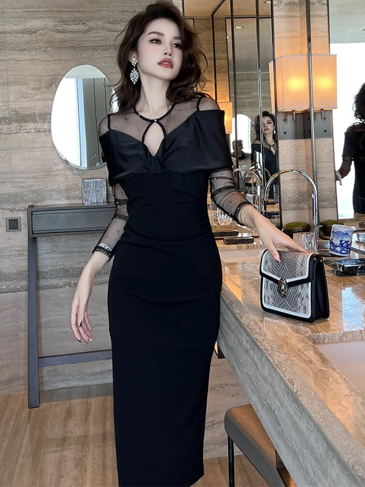 New High Quality Spring Autumn Women Evening Dress Mesh Sexy See Through Slim Midi Dresses Party Gown Robe Mujer Vestidos Fiesta