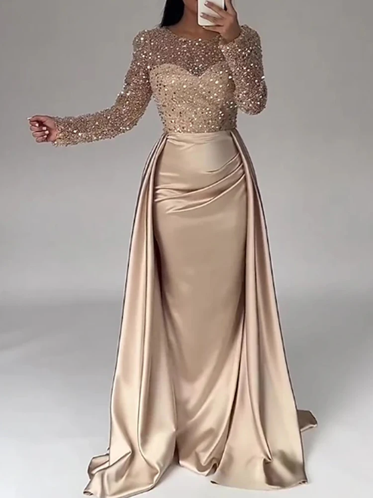 Elegant Satin Sequin Stitching Dress Luxury Glitter High Waist Gala Evening Dress Women Chic Long Sleeve Full Length Party Dress