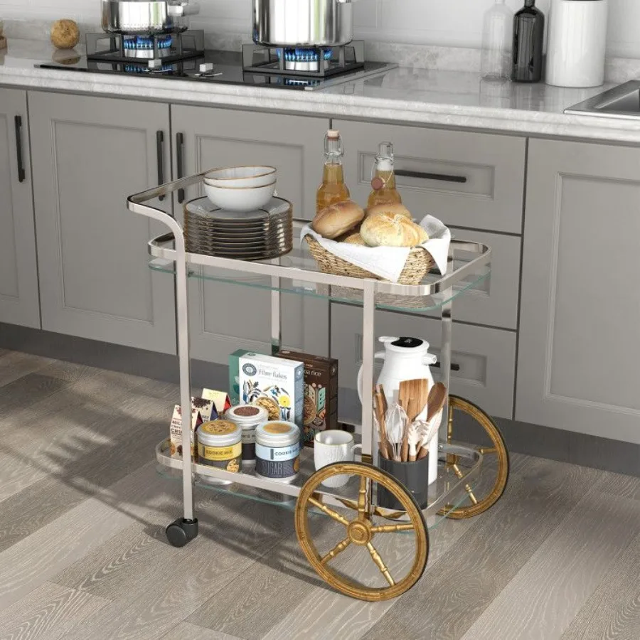 Chariot de barre en verre trempé à 2 niveaux avec 2 grandes roues en aluminium et 2 roulettes
