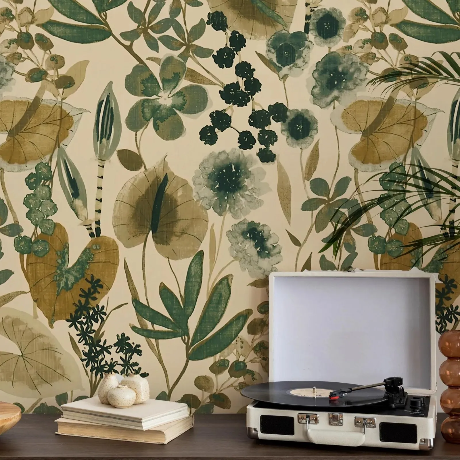 Vintage Botanical Wallpaper Mural,Green Floral Peel and Stick Wall Mural For Home Decors, Self-adhesive Or Traditional Non-woven