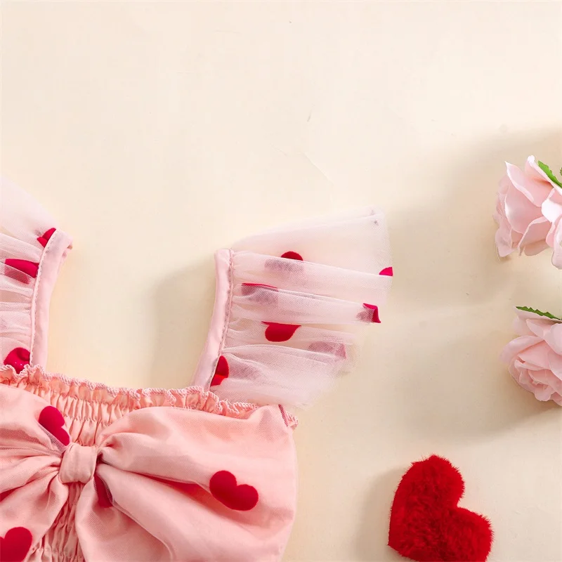 Vestido de tul para niñas pequeñas de 6 a 4 años, decoración de lazo en 3D con forma de corazón, manga aleteo con volantes, vestido acampanado ahumado para el Día de San Valentín para primavera