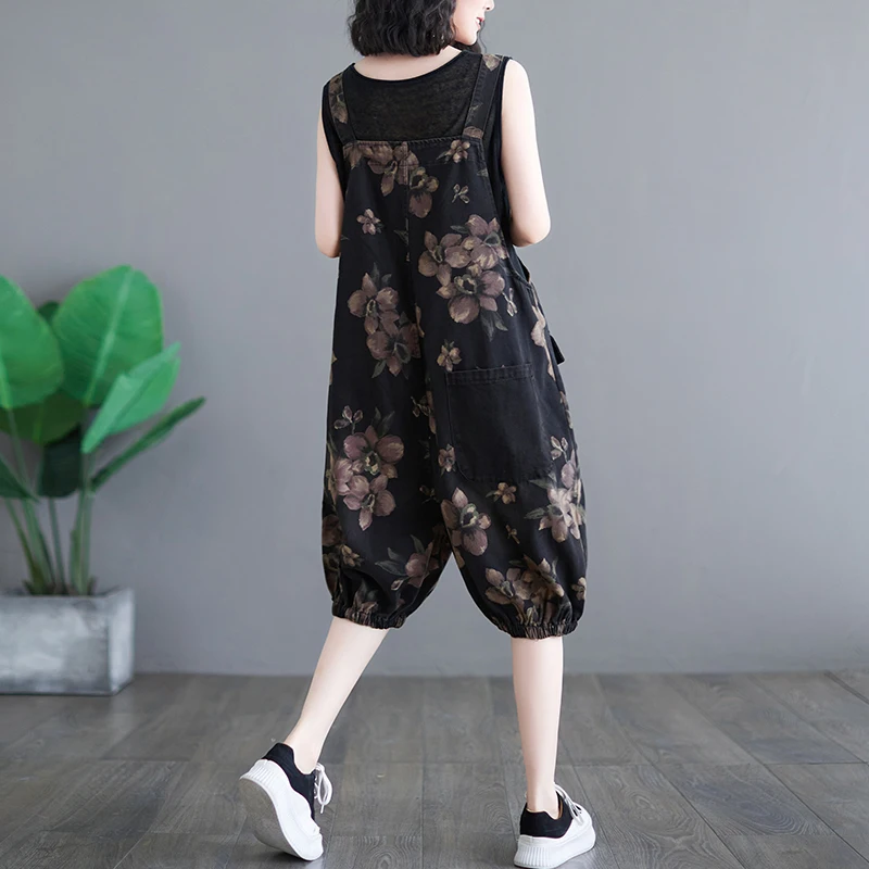 Vintage Print Floral Black Jean Playsuit Women Casual Streetwear Loose Wide Leg Shorts New Denim Short Jumpsuits Straps Overalls