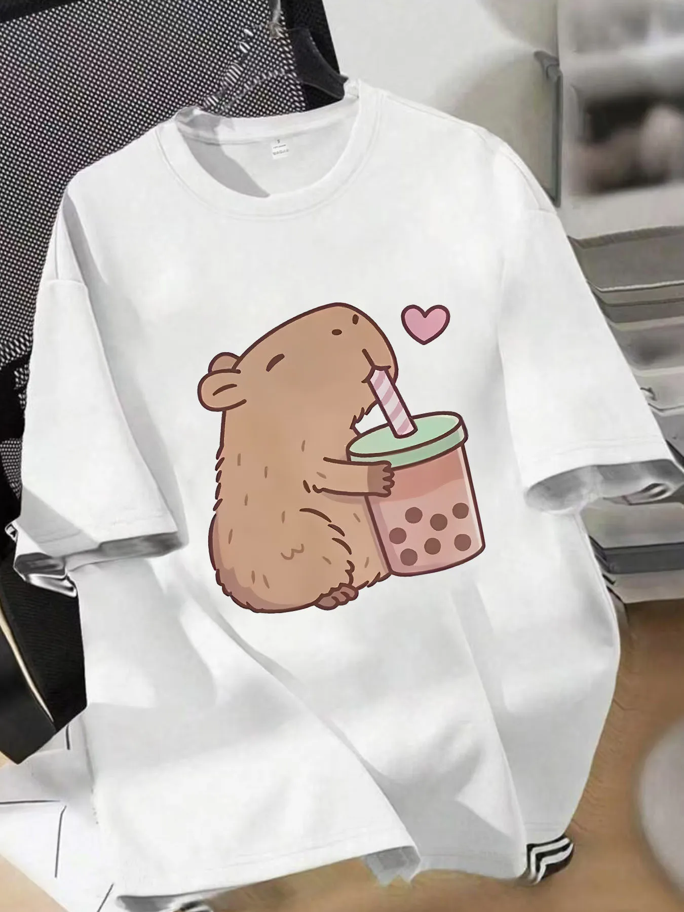 

Drink milk tea Plus size women's round neck short sleeve T-shirt with elastic half sleeves and trendy prints