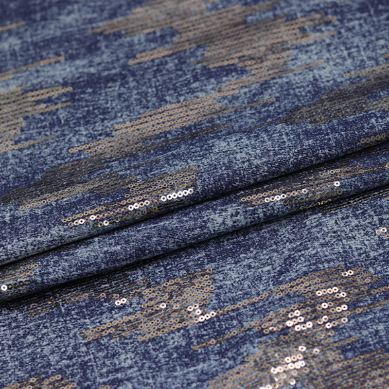 Champagne Sequin Washed Denim Fabric Thick for Clothing Pants Bags Designer Fashion Diy Sewing Material Wholesale Cloth