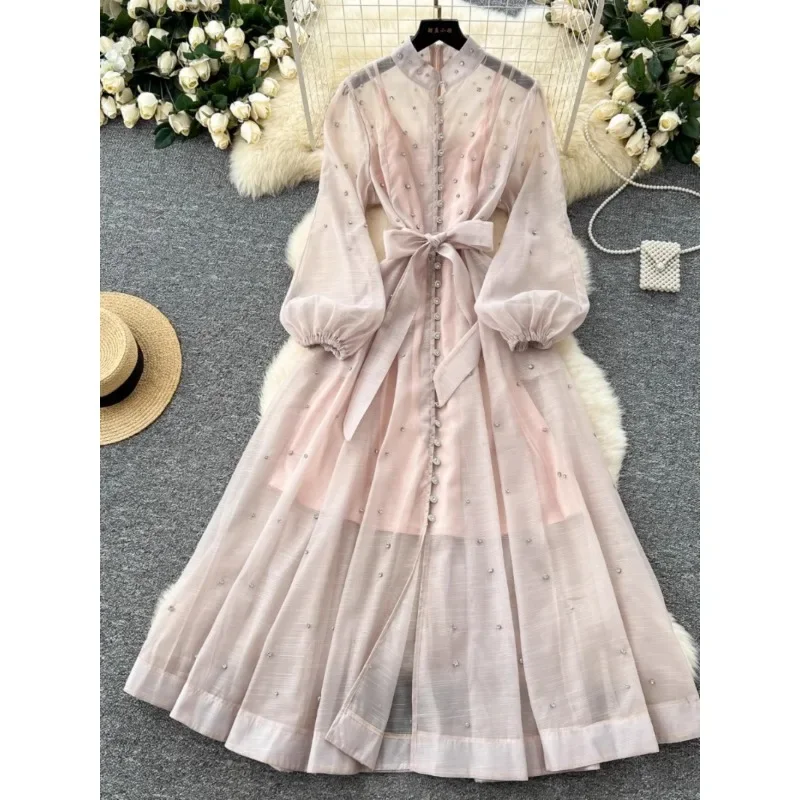 Heavy Industry Diamond-encrusted Stand Collar Dress Women Lantern Sleeve Single-breasted Buckle Tape Waist Elegant Dress 2025