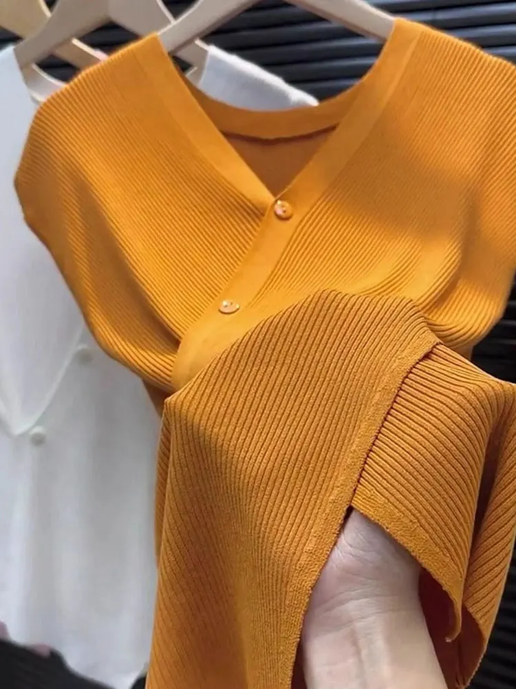 تي شيرت Ele ort Sve بقصة ضيقة باللون البرتقالي، بحاشية غير متماثلة، قميص كوري فضفاض مناسب للصيف غير رسمي #5